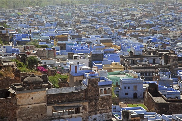 View over the old town Bundi and the blue houses of the Brahmin caste