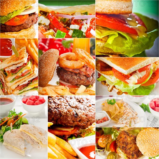 Burgers and sandwiches collection on a collage nested square canvas