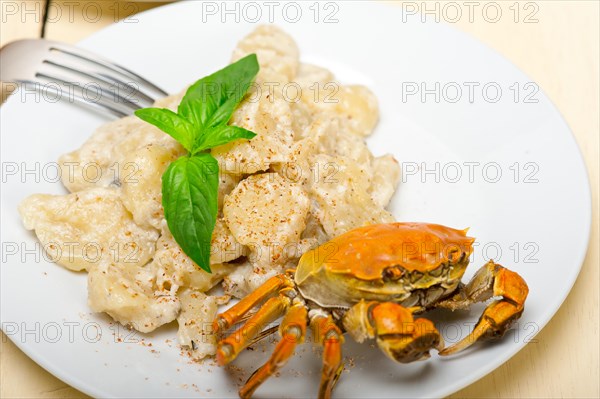 Fresh homemade Italian gnocchi with seafood sauce crab and basil