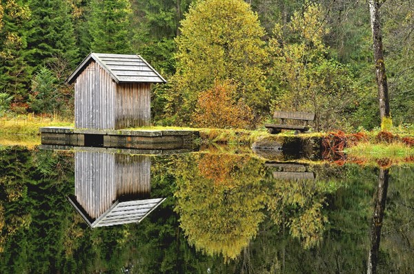 Reflections of wooden cabin and autumn colours in lake