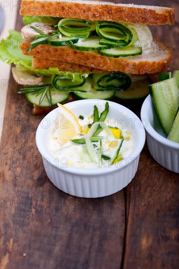 Fresh vegetarian sandwich with garlic cheese dip salad on rustic table