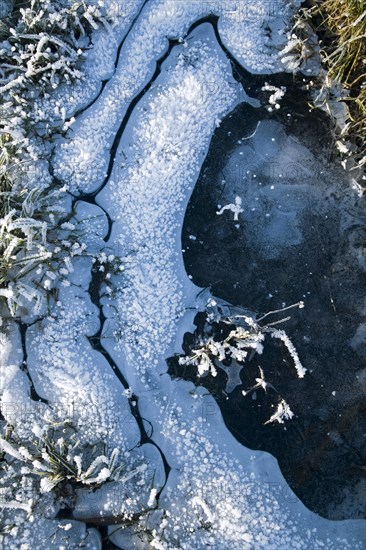 Air bubbles trapped in ice of frozen lake in winter