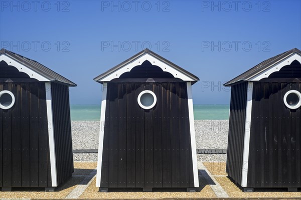 Beach cabins at seaside resort Sainte-Marguerite-sur-Mer along the North Sea coast