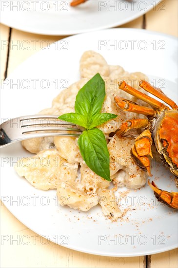 Fresh homemade Italian gnocchi with seafood sauce crab and basil