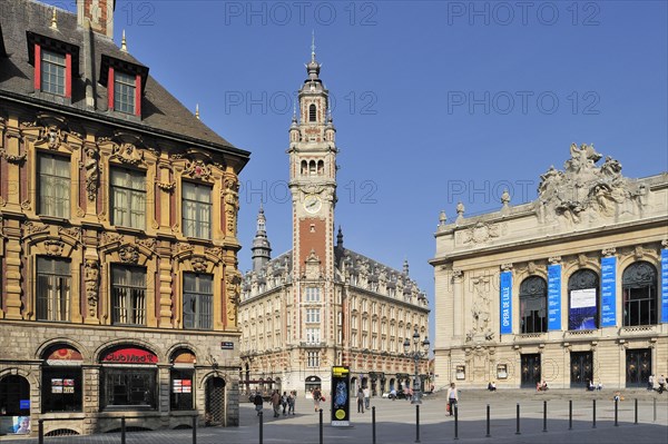 Bell tower of Chamber of Commerce and the Opera de Lille at the Place du Theatre