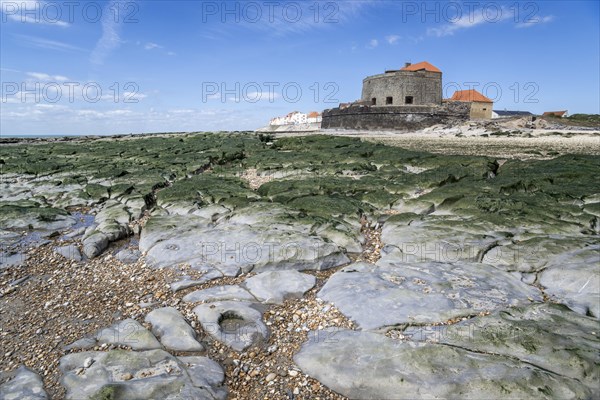 Jurassic rock layers exposed at low tide and Fort Mahon at Ambleteuse along rocky North Sea coast