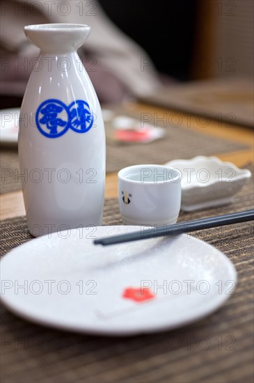 Japanese style table set and sake bottle and cup