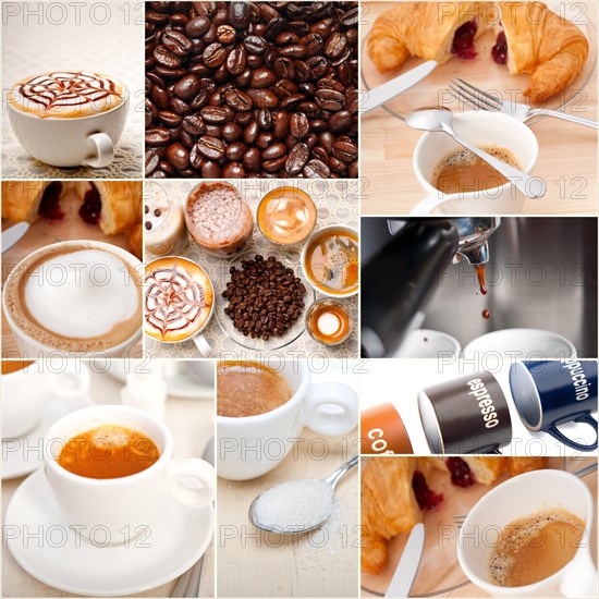 Selection of different coffee type on collage composition nested white frame