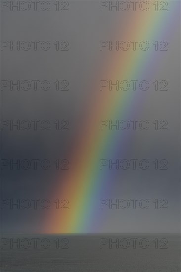 Colourful rainbow over sea water and approaching snow shower along the North Sea coast in winter