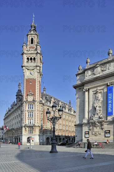 Bell tower of Chamber of Commerce and the Opera de Lille at the Place du Theatre