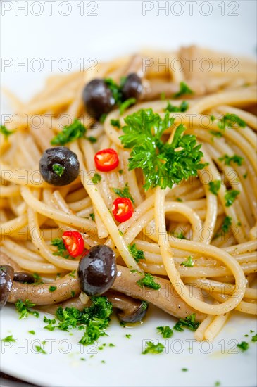 Italian pasta and mushroom sauce over rustic old wood