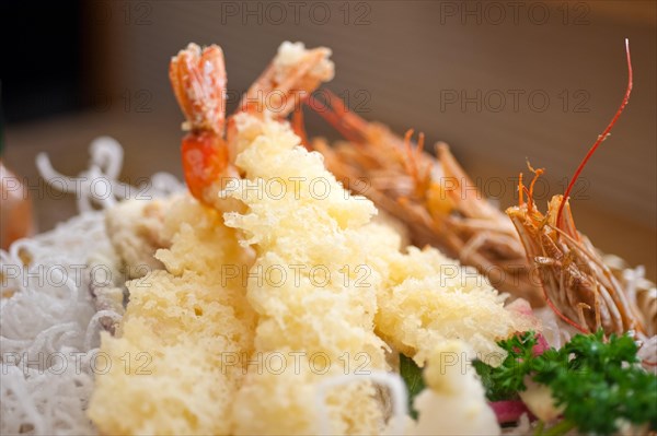 Japanese style tempura shrimps extreme closeup macro