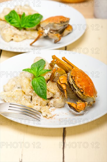 Fresh homemade Italian gnocchi with seafood sauce crab and basil