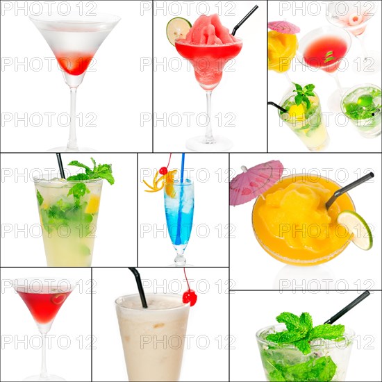 Selection of cocktails drinks collage composition nested on a square frame