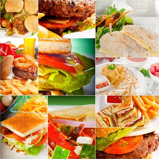 Burgers and sandwiches collection on a collage nested square canvas