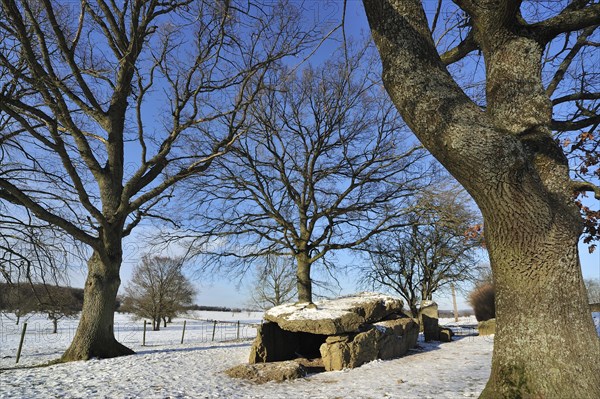 The Grand Dolmen de Weris in the snow in winter