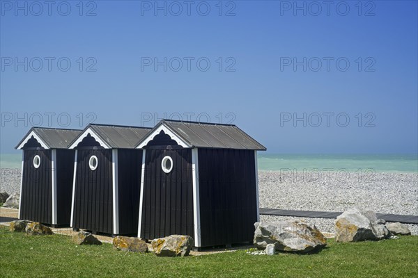 Beach cabins at seaside resort Sainte-Marguerite-sur-Mer along the North Sea coast