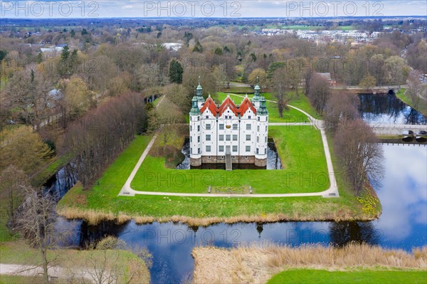 Aerial view over 16th century Schloss Ahrensburg