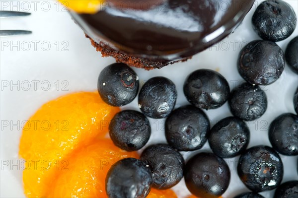 Chocolate cake and fresh fruit on top closeup macro