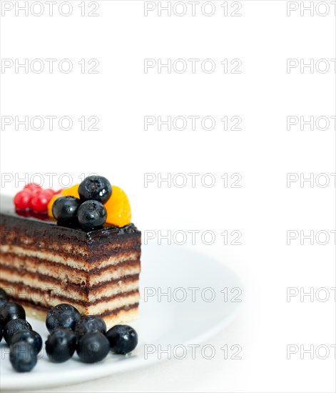 Chocolate cake and fresh fruit on top closeup macro