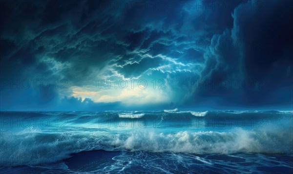 Beautiful seascape. Dramatic sky with stormy ocean waves Ai generated