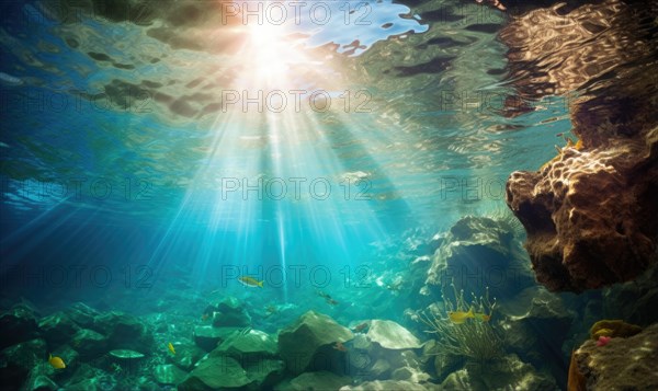 Underwater view of coral reef with sun rays shining through water surface Ai generated