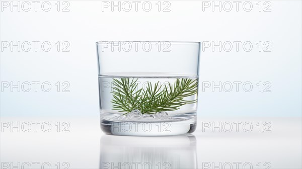 A clear glass half-filled with water containing a single green plant sprig