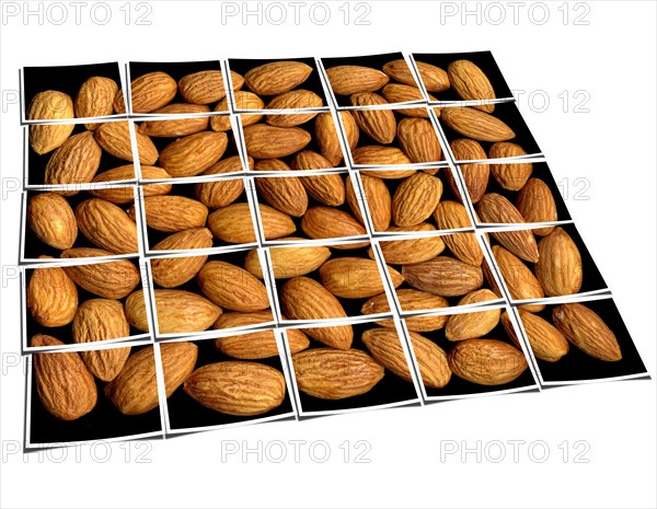 Almonds on black background collage composition of multiple images over white