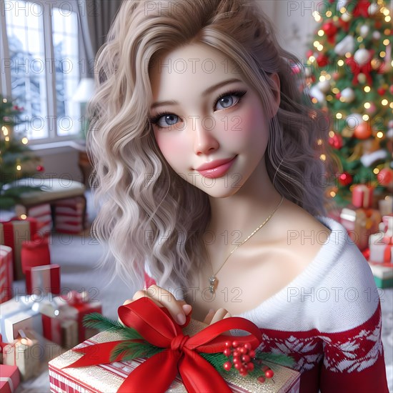 Portrait of a young cheerful woman with red lips and curly hair in a knitted sweater smiles and holding a red Christmas ball covering her eyes with it against the background of a Christmas decorated Christmas tree at a holiday in December. AI Generated