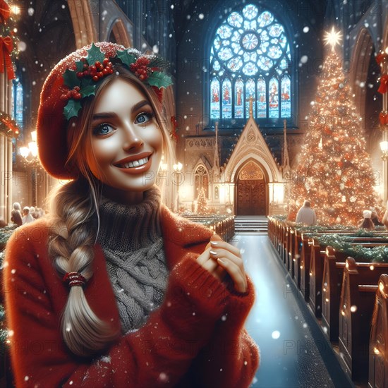 Portrait of a young cheerful woman with red lips and curly hair in a knitted sweater smiles against the background of a Christmas decorated Christmas tree and standing next to a church in December. AI Generated