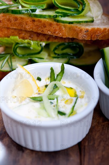 Fresh vegetarian sandwich with garlic cheese dip salad on rustic table