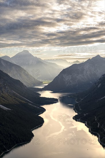 View of the Plansee lake from Schoenjoechl at sunset