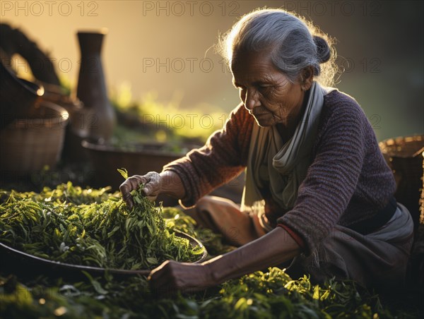 An Indian woman in traditional clothing picking tea on a tea plantation