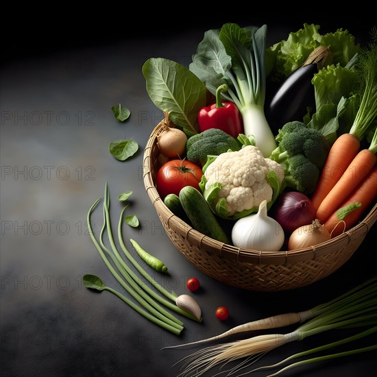 Assorted organic vegetables in a bamboo made basket. AI generated