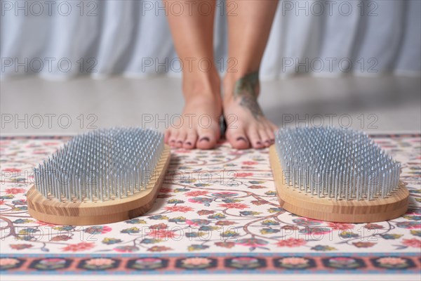 Image board of Sadhu and female legs. Yoga concept. Spiritual practices. Nailing. Mixed media