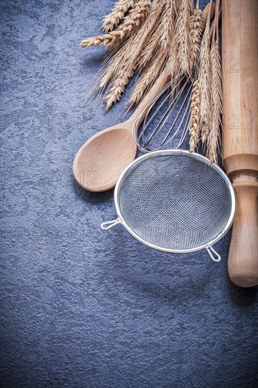 Golden wheat rye ears spoon rolling-pin egg whisk sieve