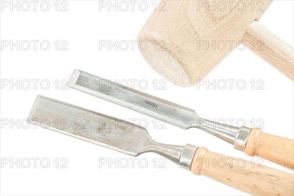 Flat chisels lump hammer isolated on white