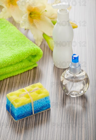 Collection of bath products with flower