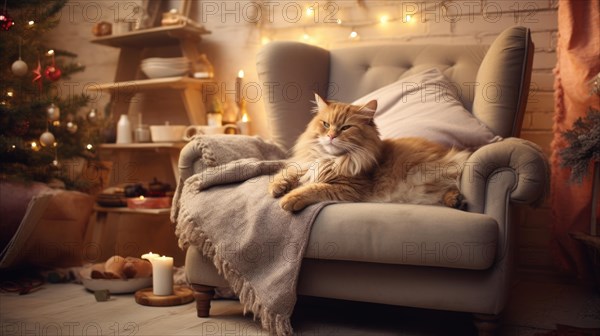 Cute cat sleeping on sofa in living room at Christmas time Ai generated