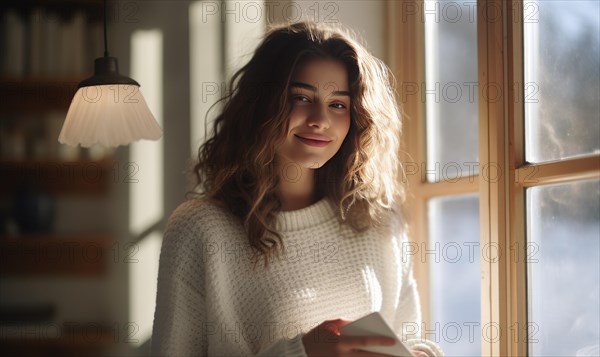 Beautiful woman stand near the window and smile Ai generated