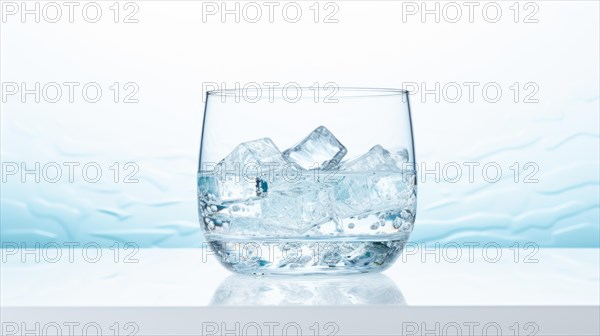 A glass filled with ice cubes and water set against a blue and white gradient Ai generated