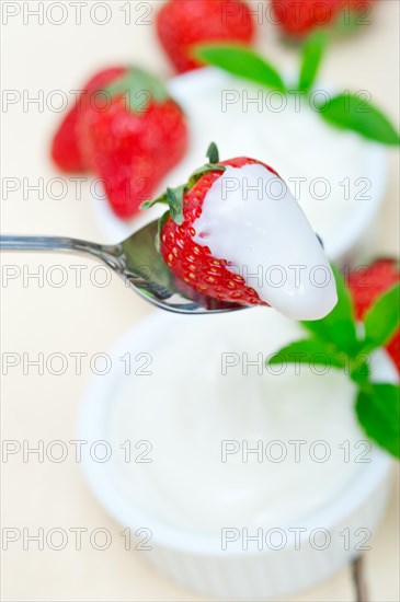 Organic Greek yogurt and strawberry over white rustic wood table