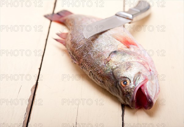 Fresh whole raw fish on a wooden table ready to cook