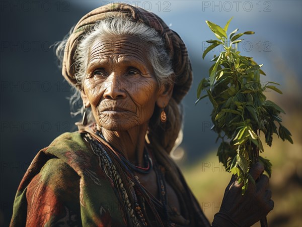 An Indian woman in traditional clothing picking tea on a tea plantation