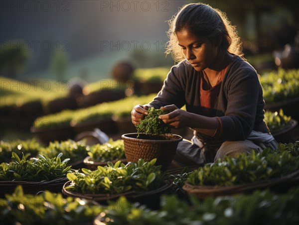 An Indian woman in traditional clothing picking tea on a tea plantation