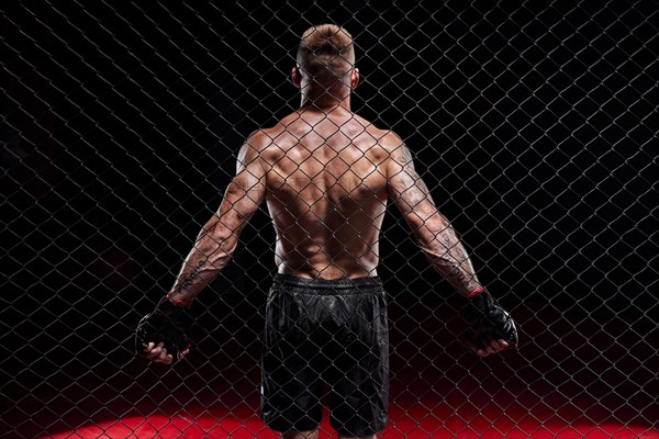 Dramatic depiction of a fighter in an octagon cage. Back view. The concept of sports