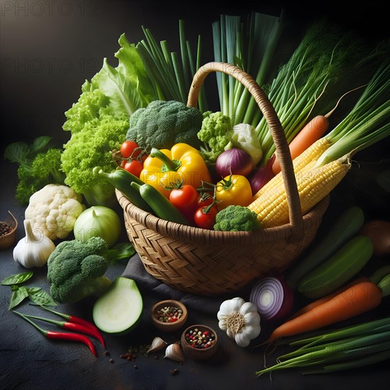 Assorted organic vegetables in a bamboo made basket. AI generated