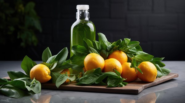 Fresh lemons green leaves on a wooden board on a black background. Glass bottle an lemons. Health care. Natural juice Ai generated