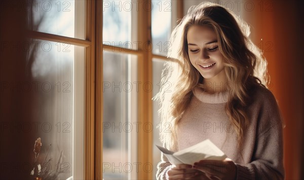 Beautiful woman stand near the window and read a book Ai generated