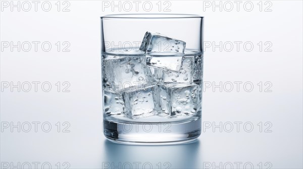 A clear glass filled with water and ice cubes